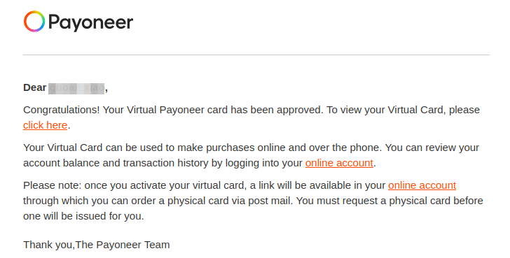 Virtual Payoneer card Has Been Approved